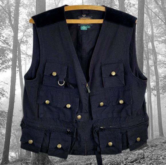 Unisex LRL RALPH LAUREN Black Canvas & Suede Utility Fishing Fisherman's Vest L - Picture 1 of 8